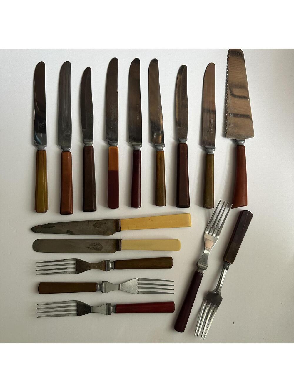 Lot of 19 Vintage Bakelite Handle Flatware - Knives Forks Cake Amber Red Ivory